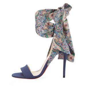CHRISTIAN LOUBOUTIN Denim Du Desert Ankle Tie 100mm Sandal Size 41 Silk Paisley